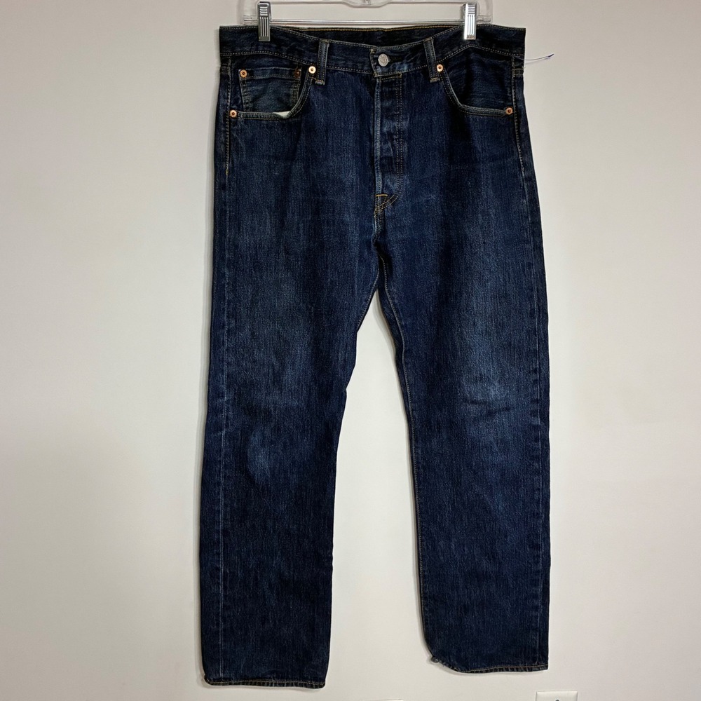 Levis 501 Original Fit Jeans Mens 34x32 Dark Wash Indigo Blue Button Fly Denim